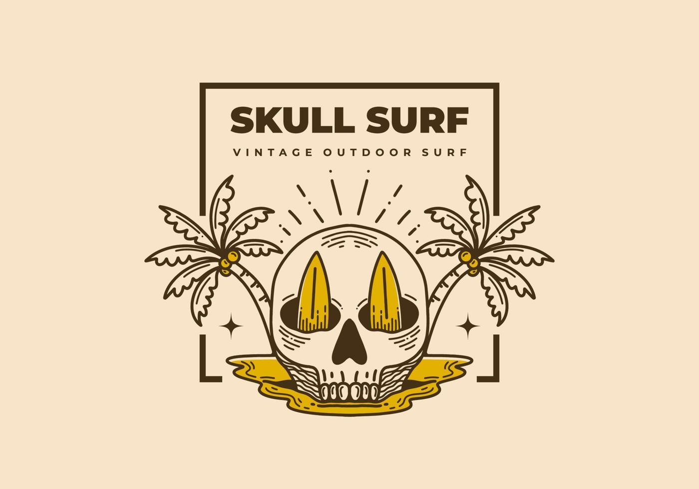 Vintage illustration of a skull with two surfboard and coconut trees vector