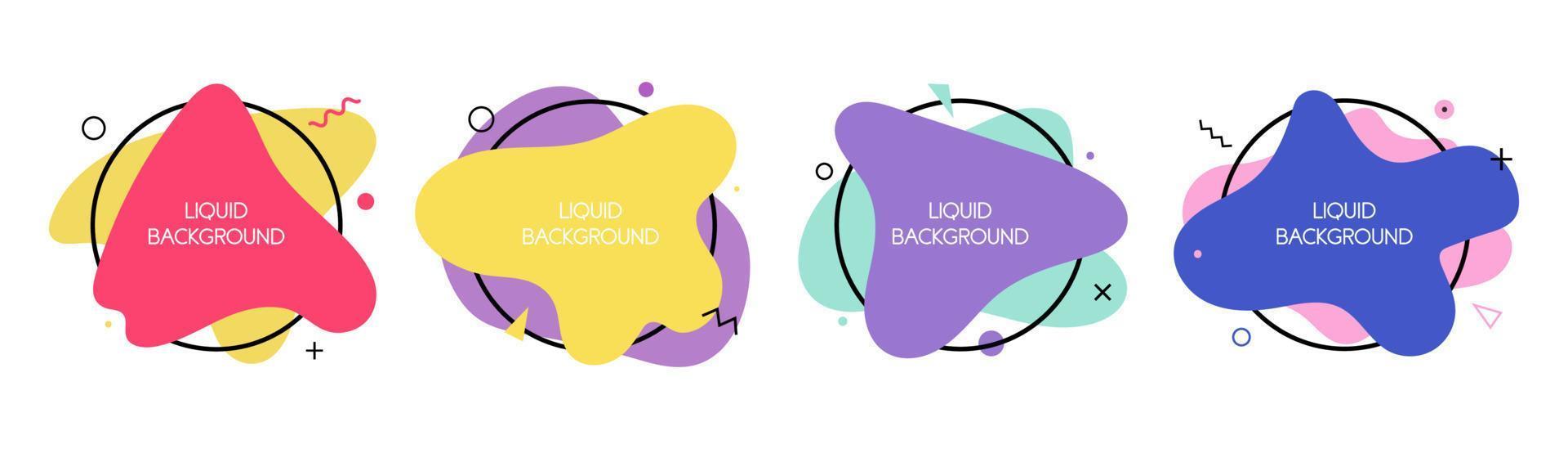 Set of 4 abstract graphic liquid elements in memphis style. Dynamical waves colored fluid shapes. Isolated banners with flowing liquids. Template for the design of a logo, flyer or presentation. vector
