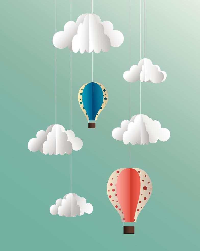 Vector paper clouds and balloons illustration on blue background