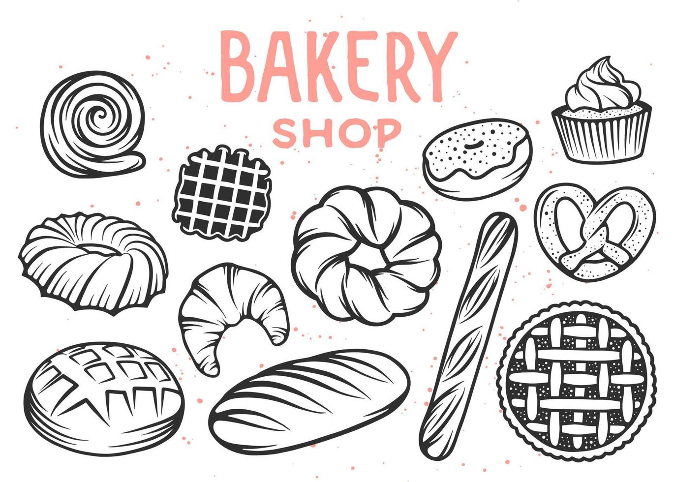 Set of vector bakery engraved elements. Typography design with bread, pastry, pie, buns, sweets, cupcake. Collection of modern linear graphic on white background. Bakery shop. Top view.