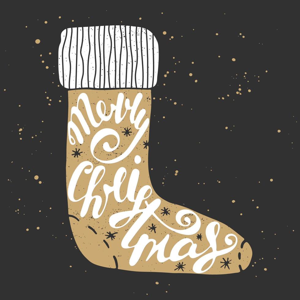 Merry Christmas in sock in vintage style. Handwritten lettering, vector