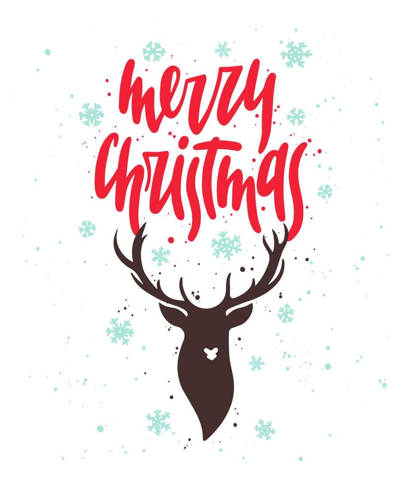 Vector card with hand drawn unique typography design element for greeting cards, decoration, prints and posters. Merry Christmas with deer. Handwritten lettering. Modern ink calligraphy.