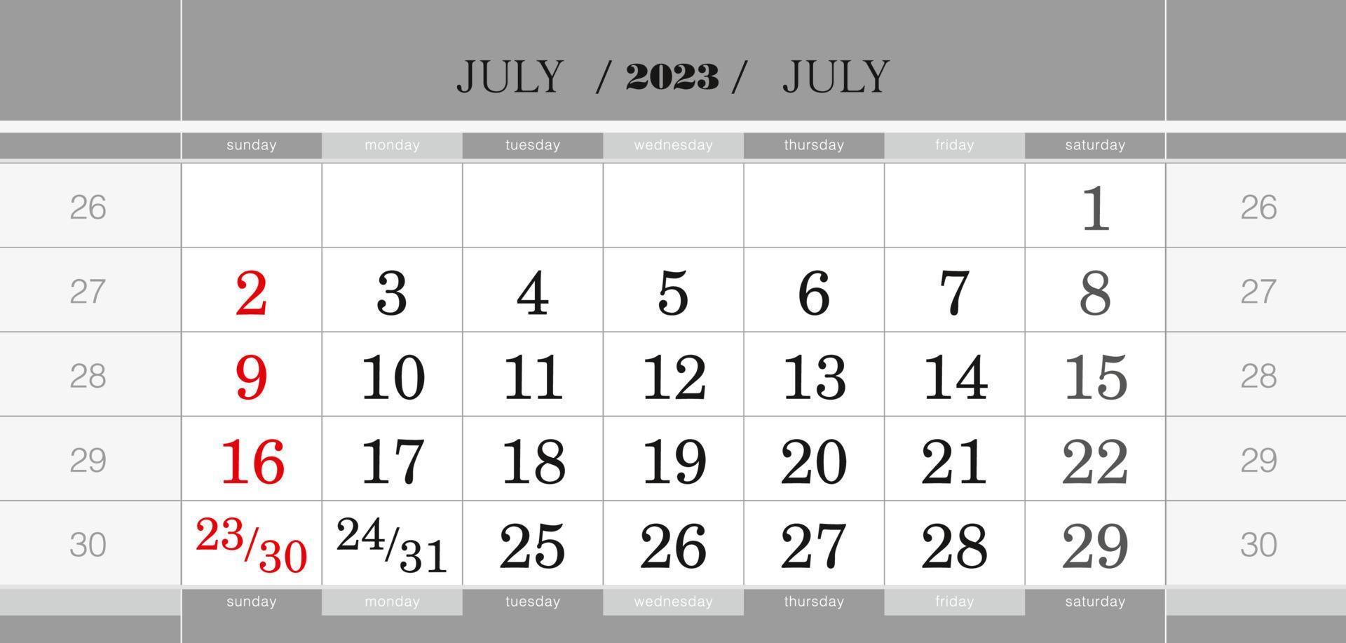 July 2023 quarterly calendar block. Wall calendar in English, week starts from Sunday. vector