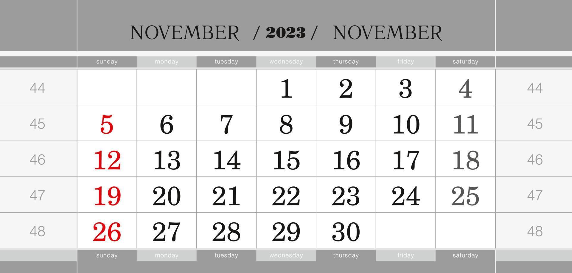 bloque de calendario trimestral de noviembre de 2023. calendario de pared en inglés, la semana comienza el domingo. vector