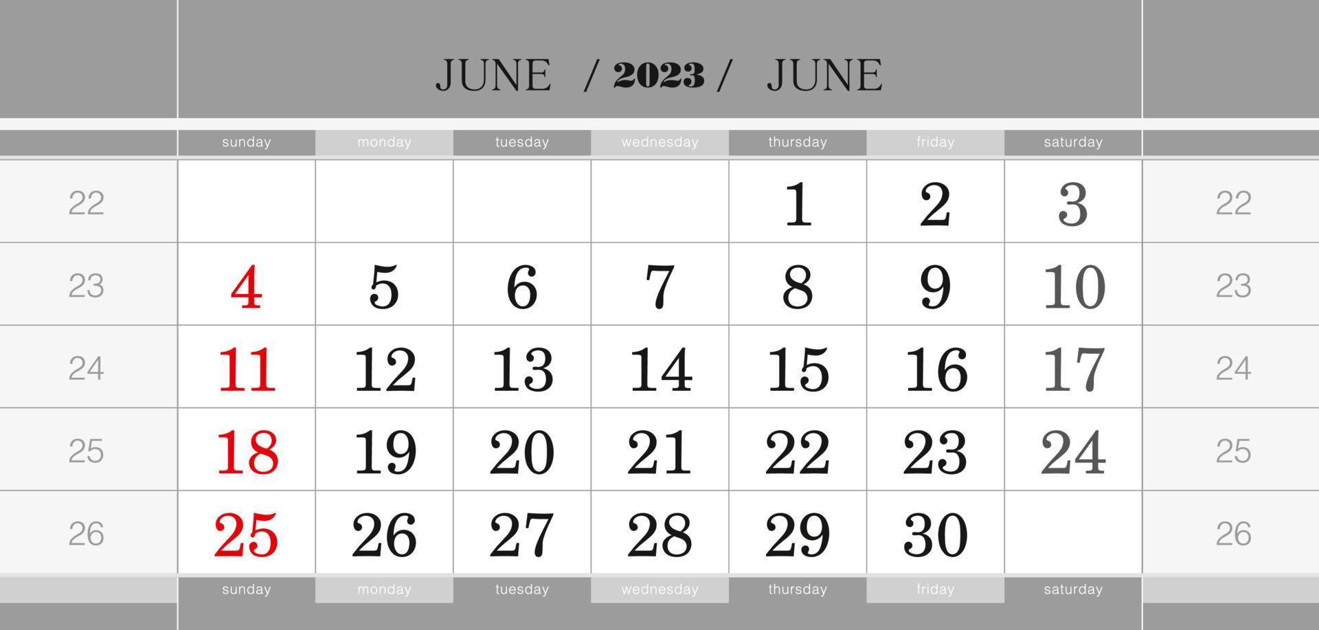 June 2023 quarterly calendar block. Wall calendar in English, week starts from Sunday. vector