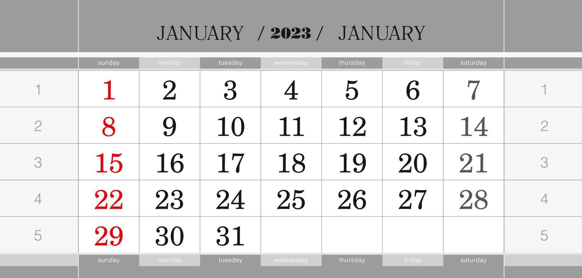 bloque de calendario trimestral de enero de 2023. calendario de pared en inglés, la semana comienza el domingo. vector