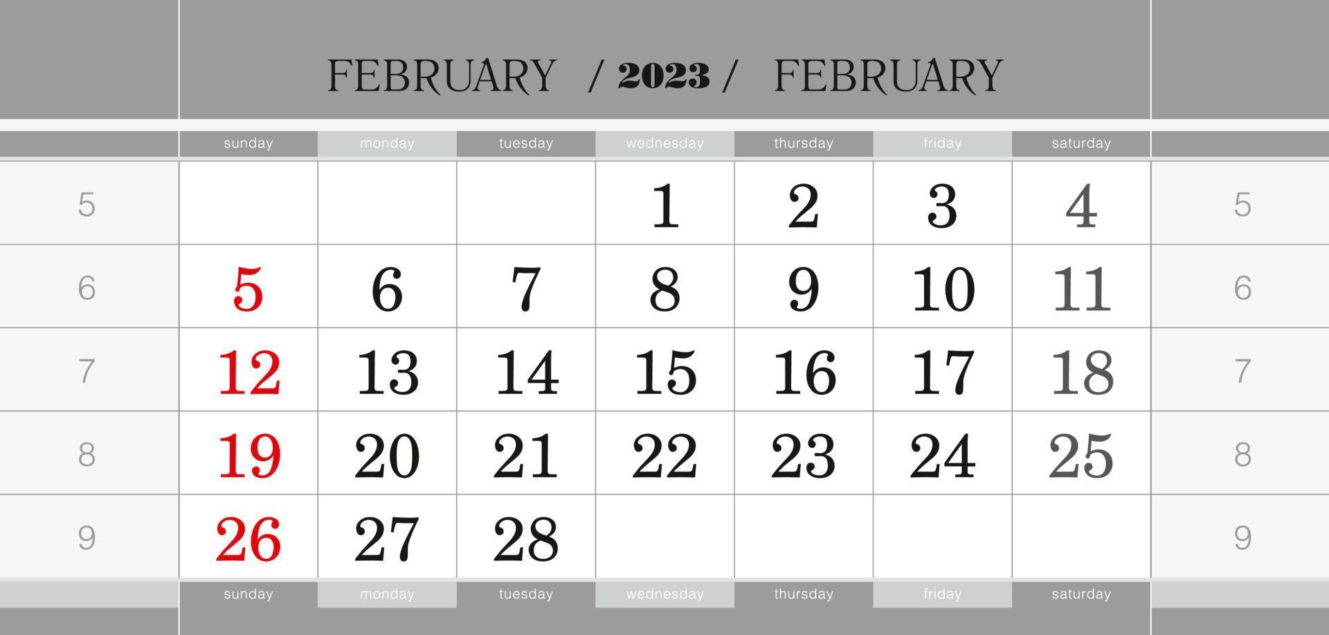 February 2023 quarterly calendar block. Wall calendar in English, week starts from Sunday. vector