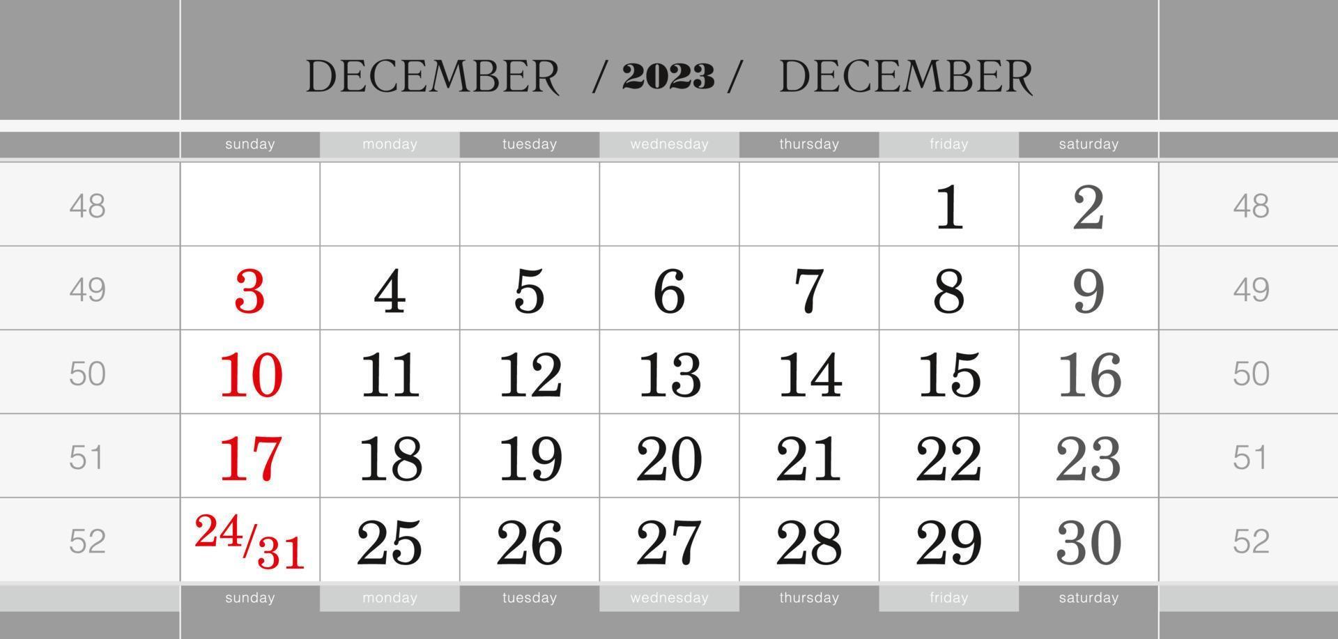 December 2023 quarterly calendar block. Wall calendar in English, week starts from Sunday. vector