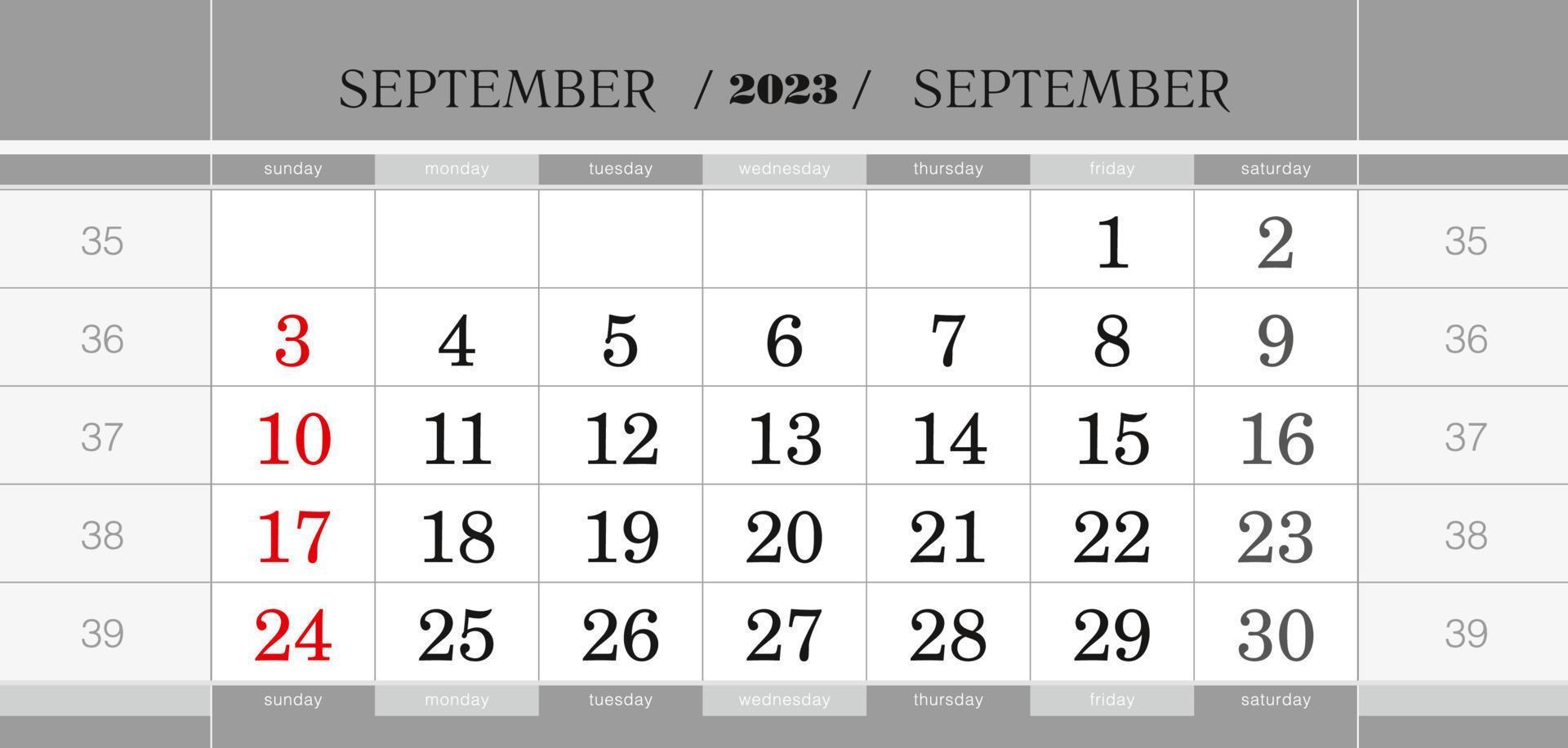 bloque de calendario trimestral de septiembre de 2023. calendario de pared en inglés, la semana comienza el domingo. vector