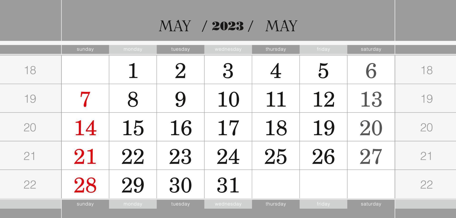 May 2023 quarterly calendar block. Wall calendar in English, week starts from Sunday. vector