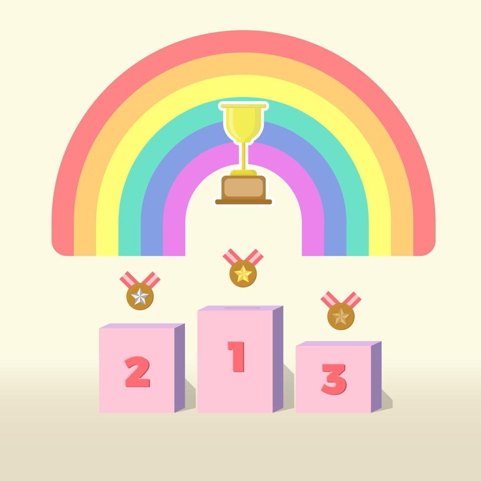 Winners podium with medal bronze, silver, and gold. Rainbow background suitable for school children competition. vector