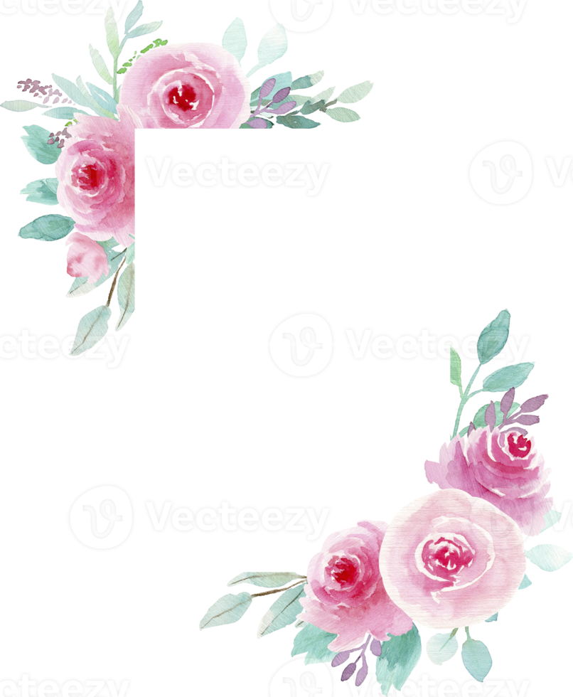 hand- getrokken waterverf illustratie. botanisch kader met roze rozen, munt bladeren en takken. groen. bloemen ontwerp elementen. perfect voor bruiloft uitnodigingen, kaarten, afdrukken, affiches, inpakken. png