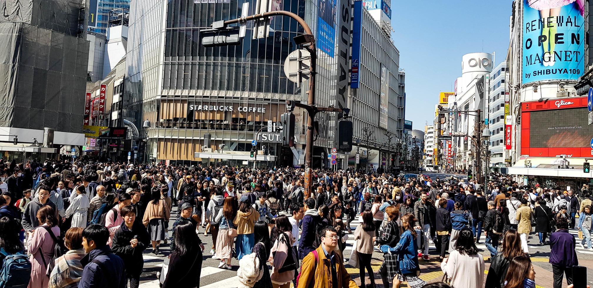Japan on April 2019. Shibuya Scramble Crossing is a popular scramble crossing in Shibuya, Tokyo, Japan. photo