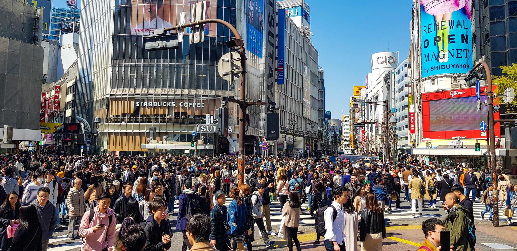 Japan on April 2019. Shibuya Scramble Crossing is a popular scramble crossing in Shibuya, Tokyo, Japan. photo