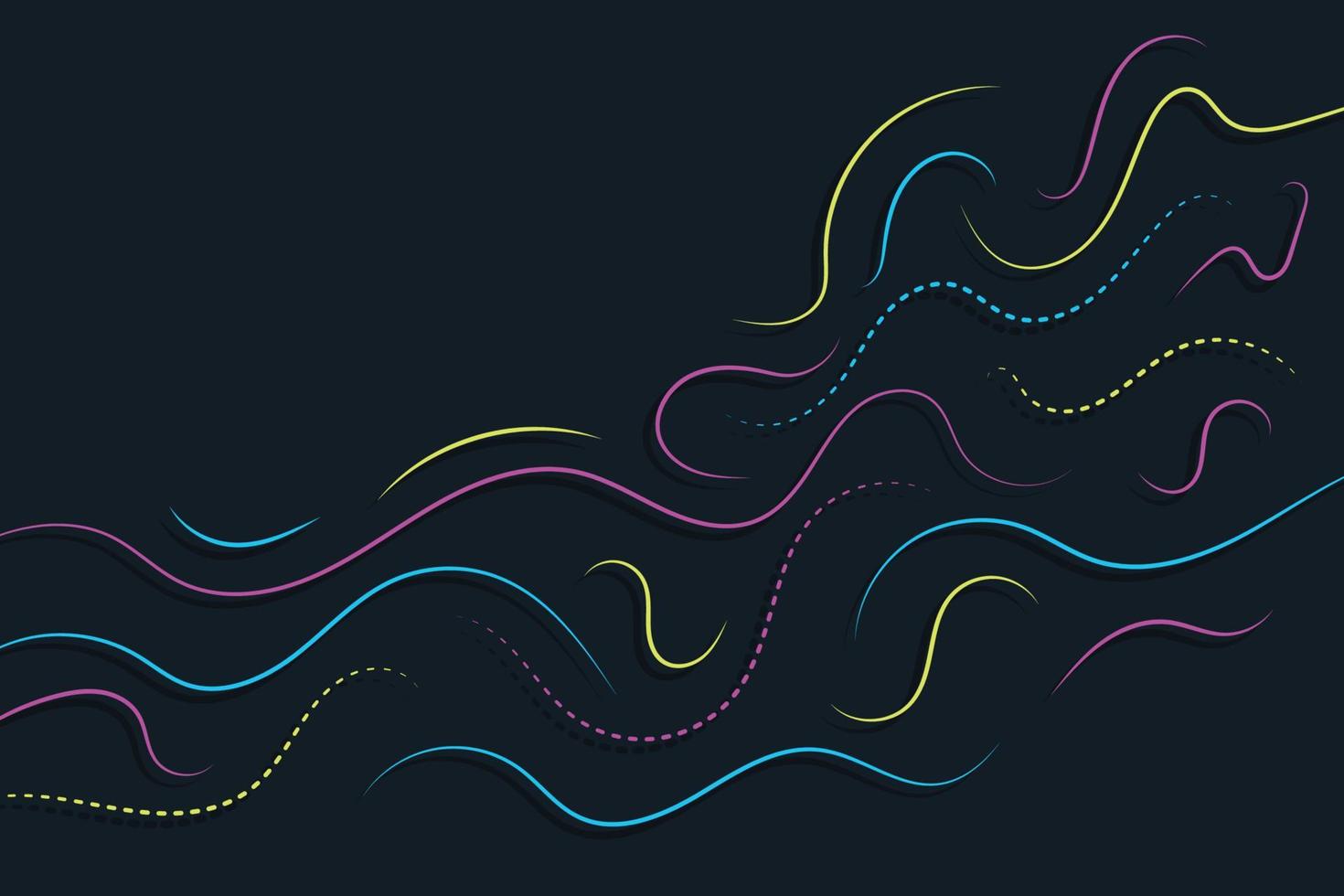 Abstract black background with dynamic colorful particle and flat wavy lines backdrop design vector