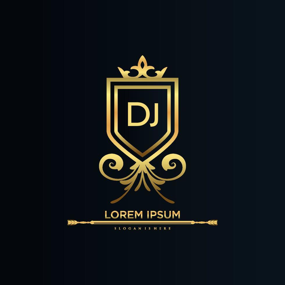 DJ Letter Initial with Royal Template.elegant with crown logo vector, Creative Lettering Logo Vector Illustration.