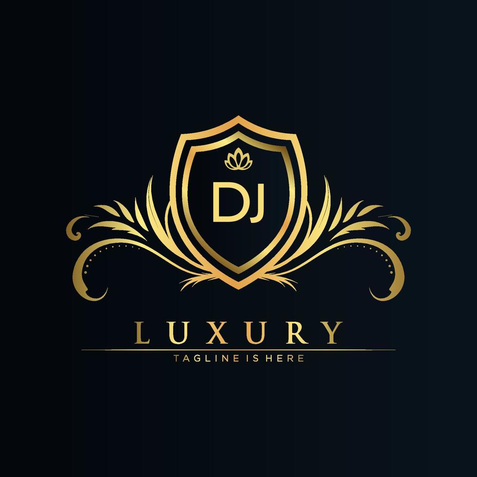 DJ Letter Initial with Royal Template.elegant with crown logo vector, Creative Lettering Logo Vector Illustration.