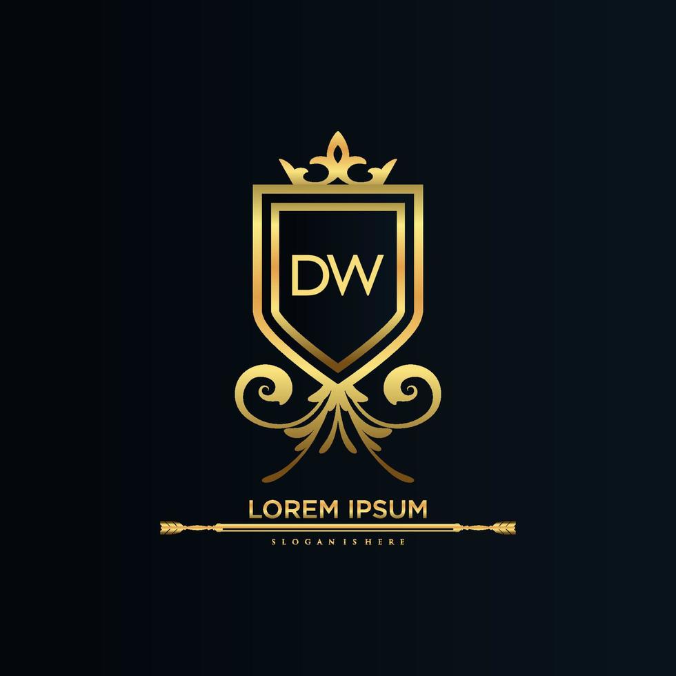 letra dw inicial con plantilla real.elegante con vector de logotipo de corona, ilustración de vector de logotipo de letras creativas.