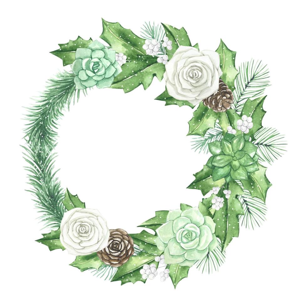 Floral wreath with white roses, succulents, spruce branches vector