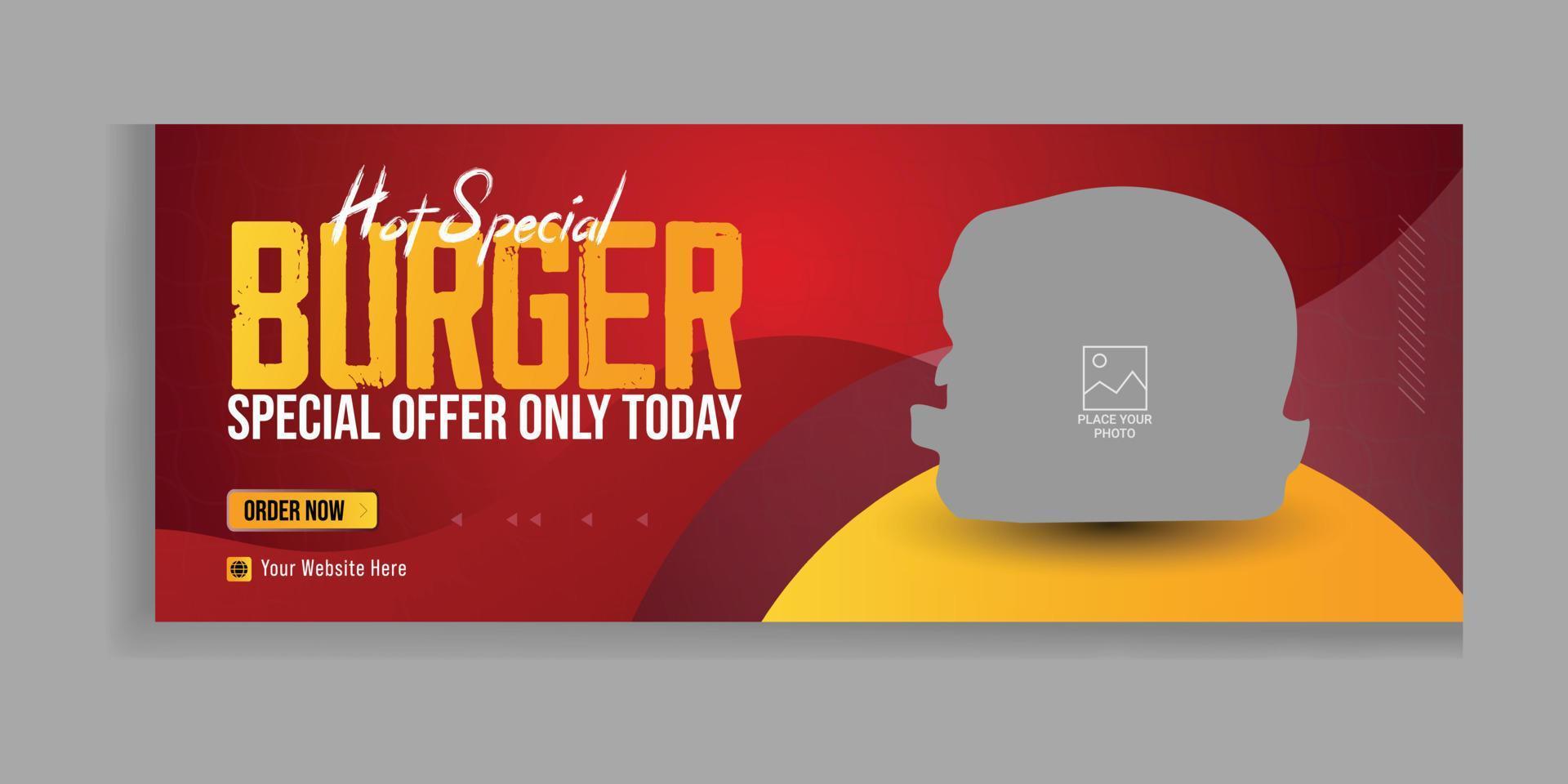 Food menu and delicious burger Facebook cover banner social media ident personal social media cover photo template design premium vector