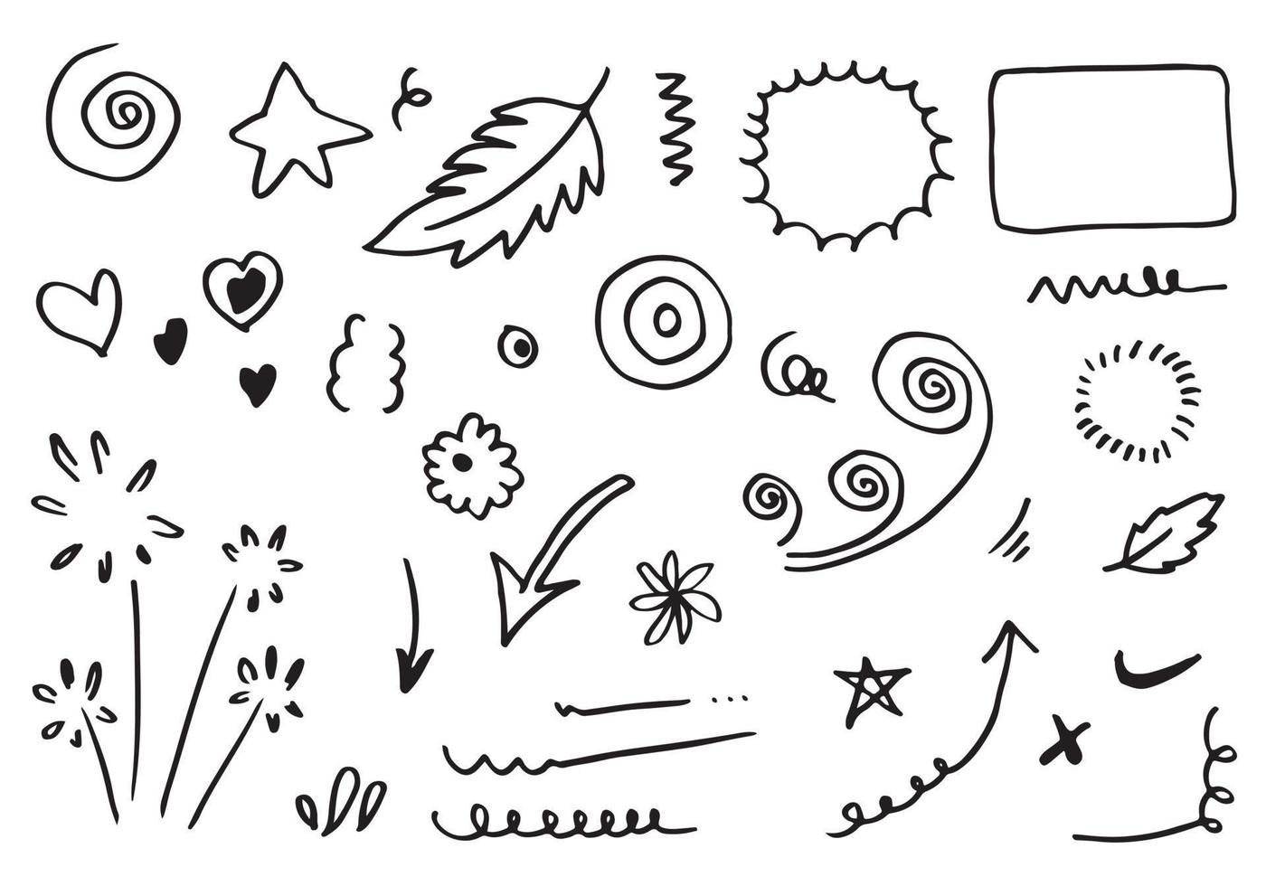 Hand drawn set elements, black on white background. Arrow, heart, love, star, leaf, sun, light, flower,Swishes, swoops, emphasis ,swirl, heart, for concept design. vector