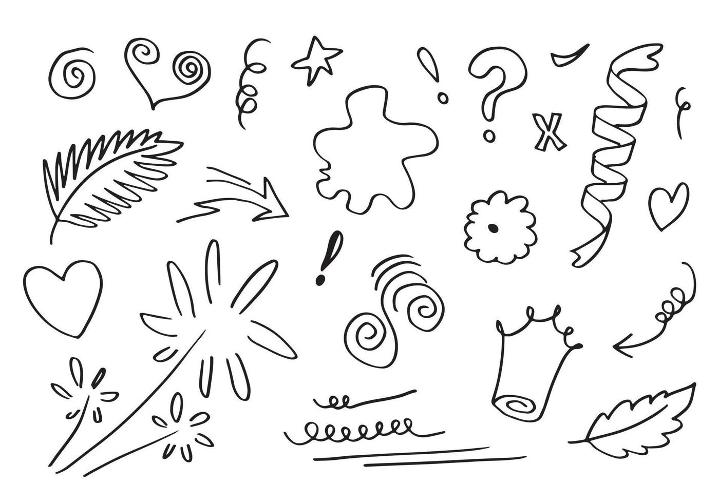 Hand drawn set elements, black on white background. Arrow, heart, love, star, leaf, sun, light, flower,Swishes, swoops, emphasis ,swirl, heart, for concept design. vector