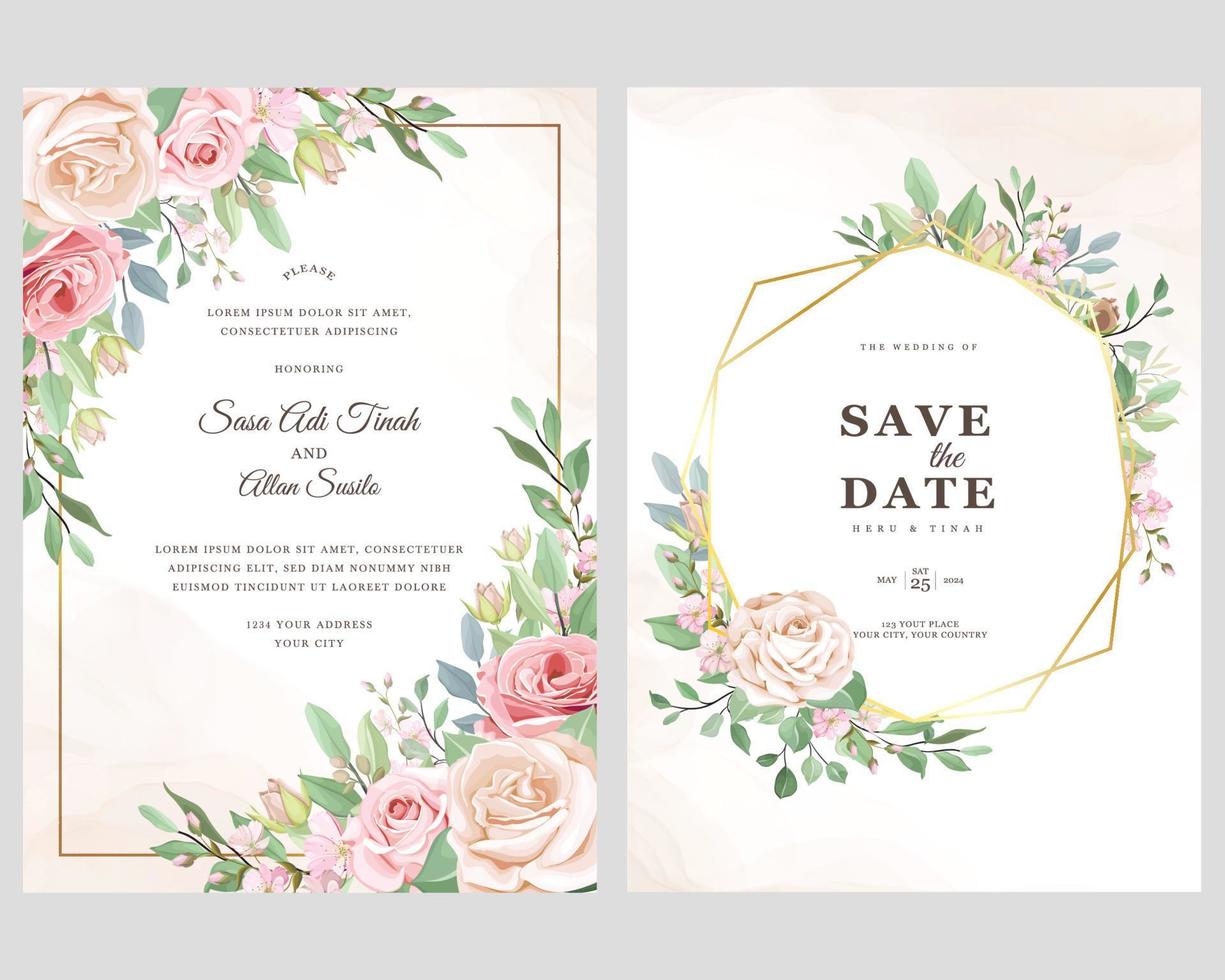 Watercolor vector set wedding invitation card template design with green leaves and flowers, invitation card save the date design with pink flowers