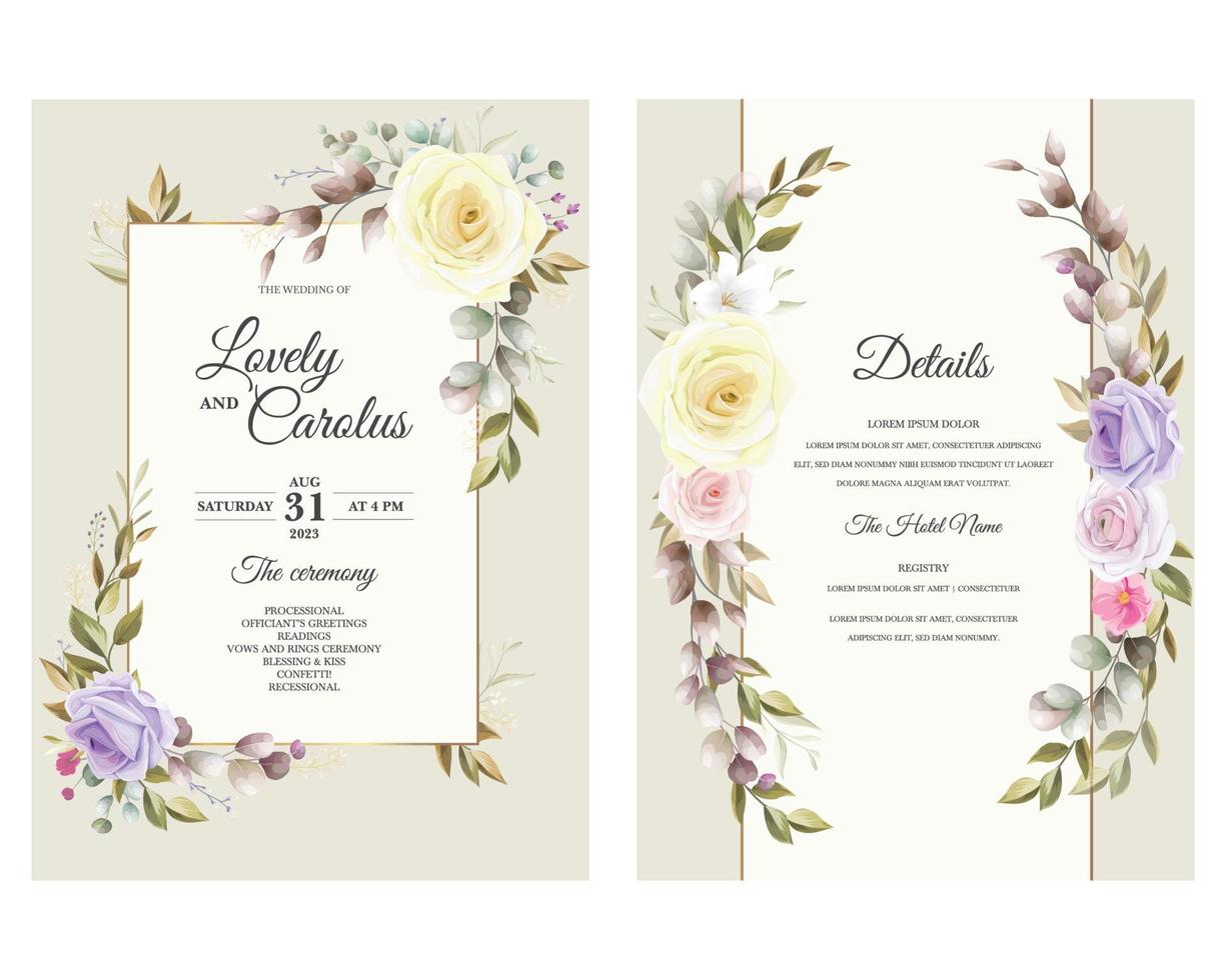 beautiful floral wreath wedding invitation card template, Elegant watercolor wedding invitation card with greenery leaves vector