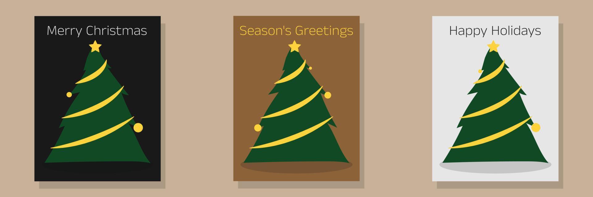 Set of Christmas Card Designs with Simple Geometric Christmas Tree Illustration. Modern Luxury Christmas Cards with Merry Christmas, Season's Greetings, Happy Holidays Text. Vector Design template.