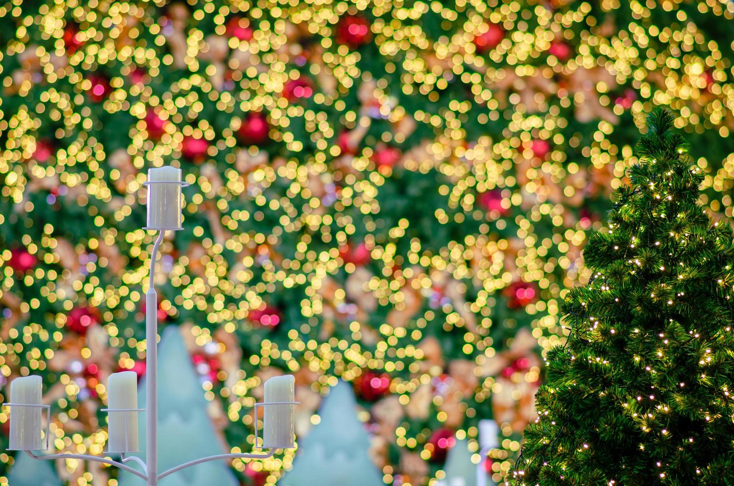 Small Christmas tree with colorful bokeh lights background from another big one for Christmas Holiday festival. photo