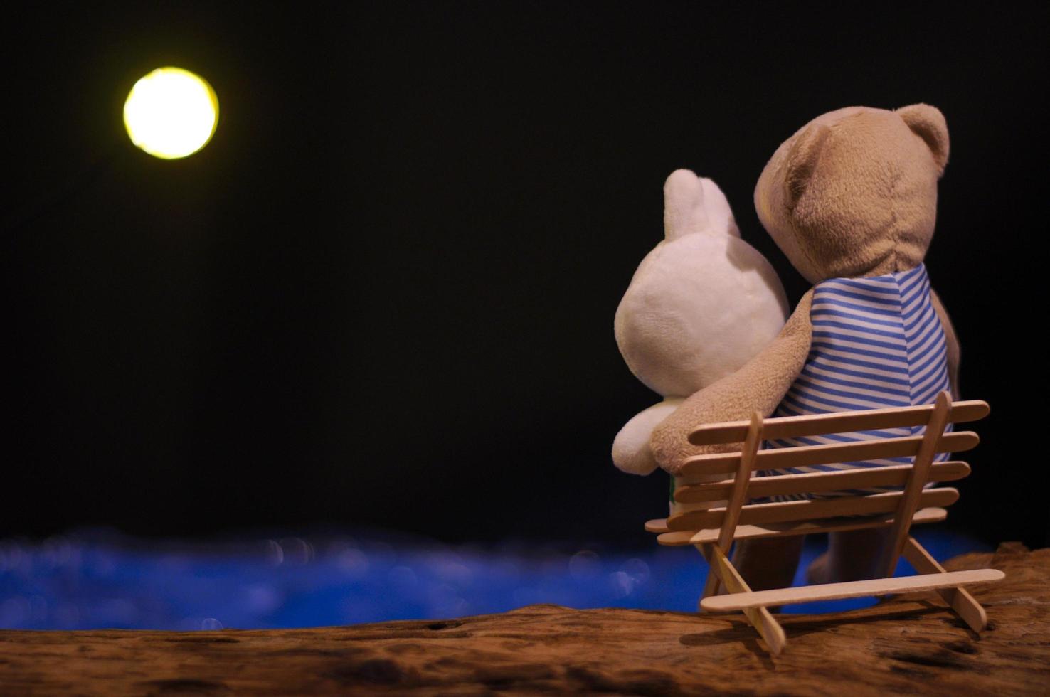 Teddy bear and rabbit dolls acting as couple sitting on bench that made from ice cream sticks and looking at the moon in the romantic night at the shore of blue sea. photo