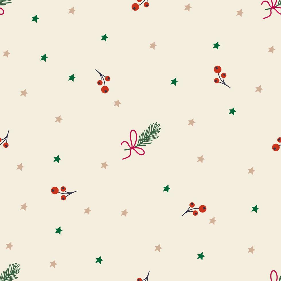 Christmas vector seamless pattern with fir branches and red berries on a light background.