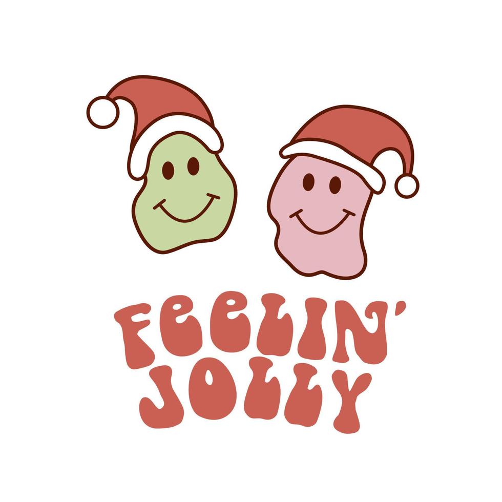 Christmas greeting card with groovy smile face and Feelin Jolly lettering. Hippie smile with Santa hat in 70s retro style. vector