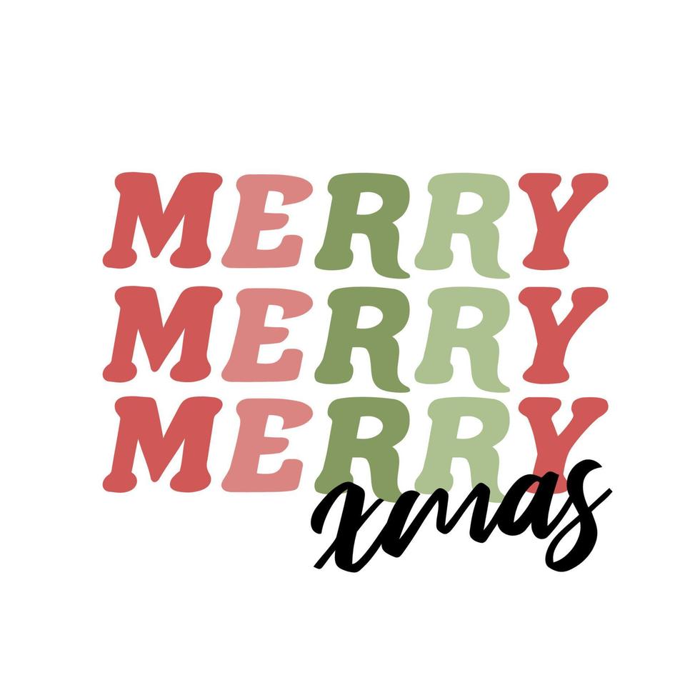 Merry Merry Merry Xmas quote in retro style. 70s 60s nostalgic poster or card. vector