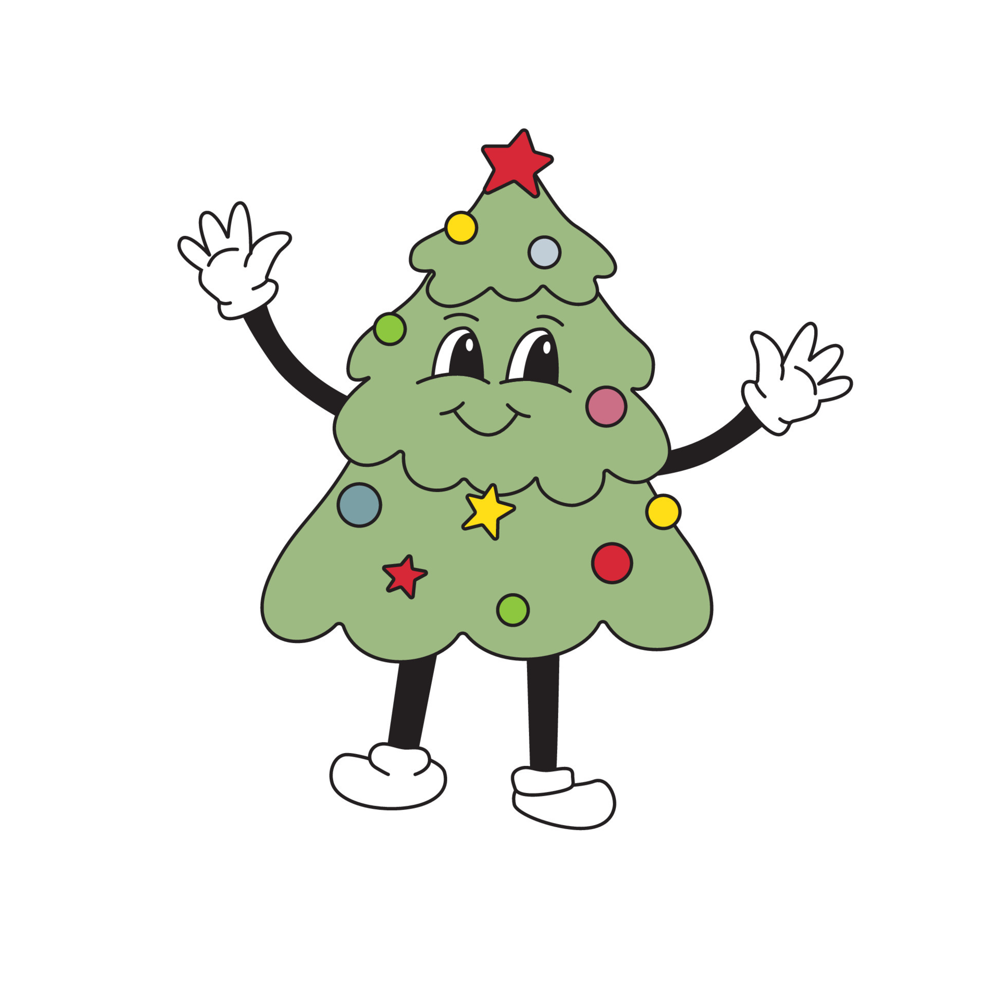 Cartoon Christmas tree mascot character 40s, 50s, 60s old animation style.  Vintage comic in trendy cool retro style. 12899733 Vector Art at Vecteezy