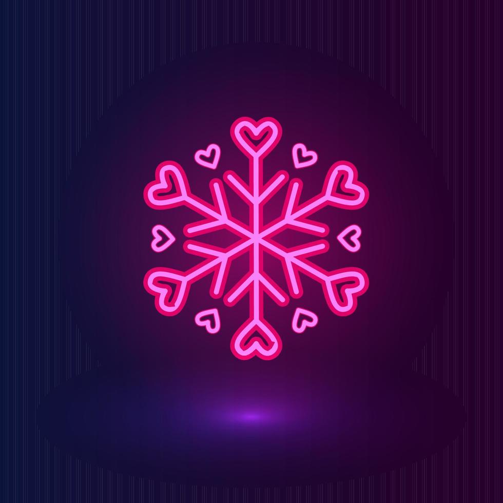 Vector neon pink snowflake with hearts. Winter icons on dark blue background.