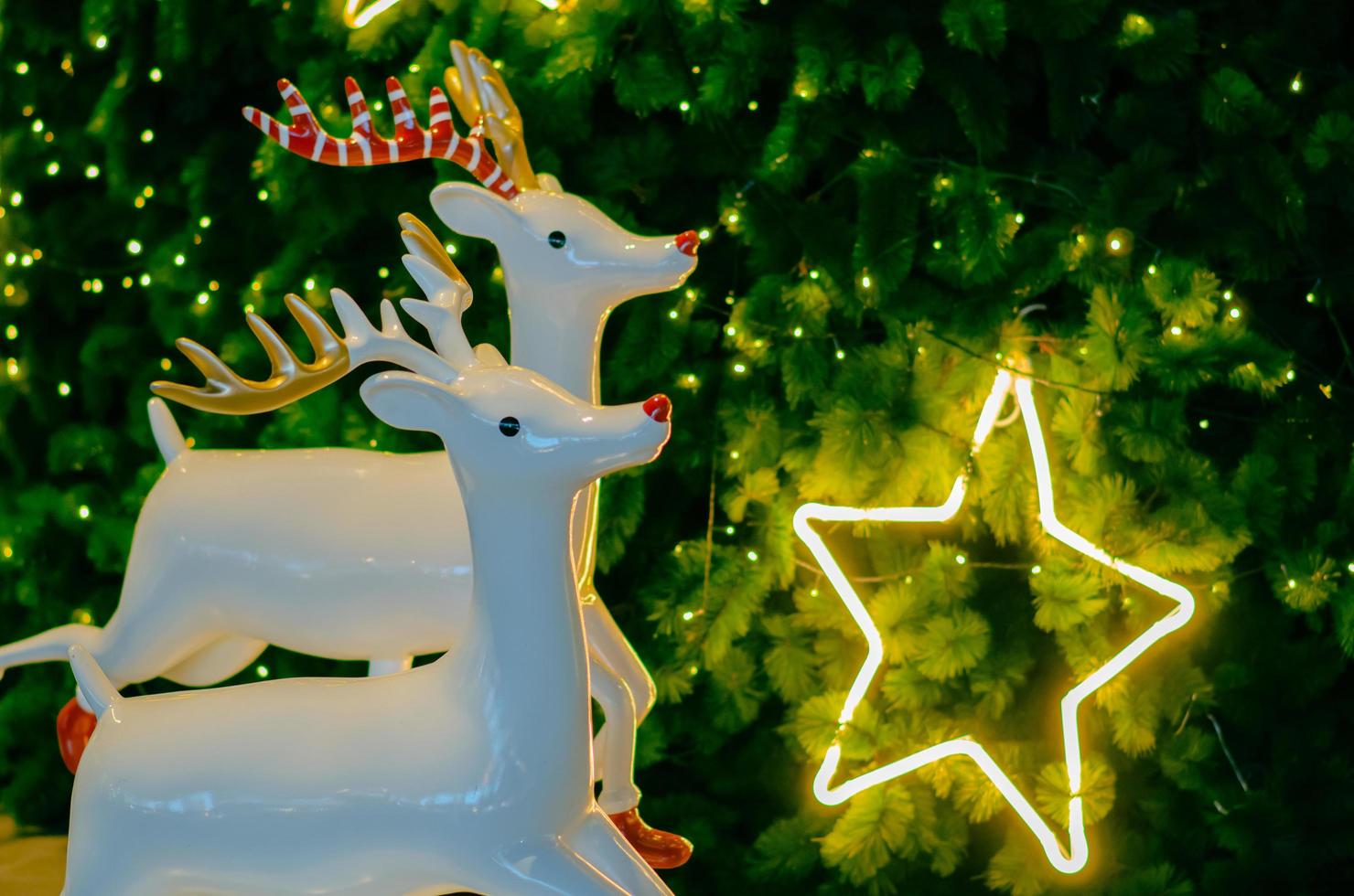 reno blanco con gloden y asta roja se para frente al árbol de navidad con luz de neón estrella. foto