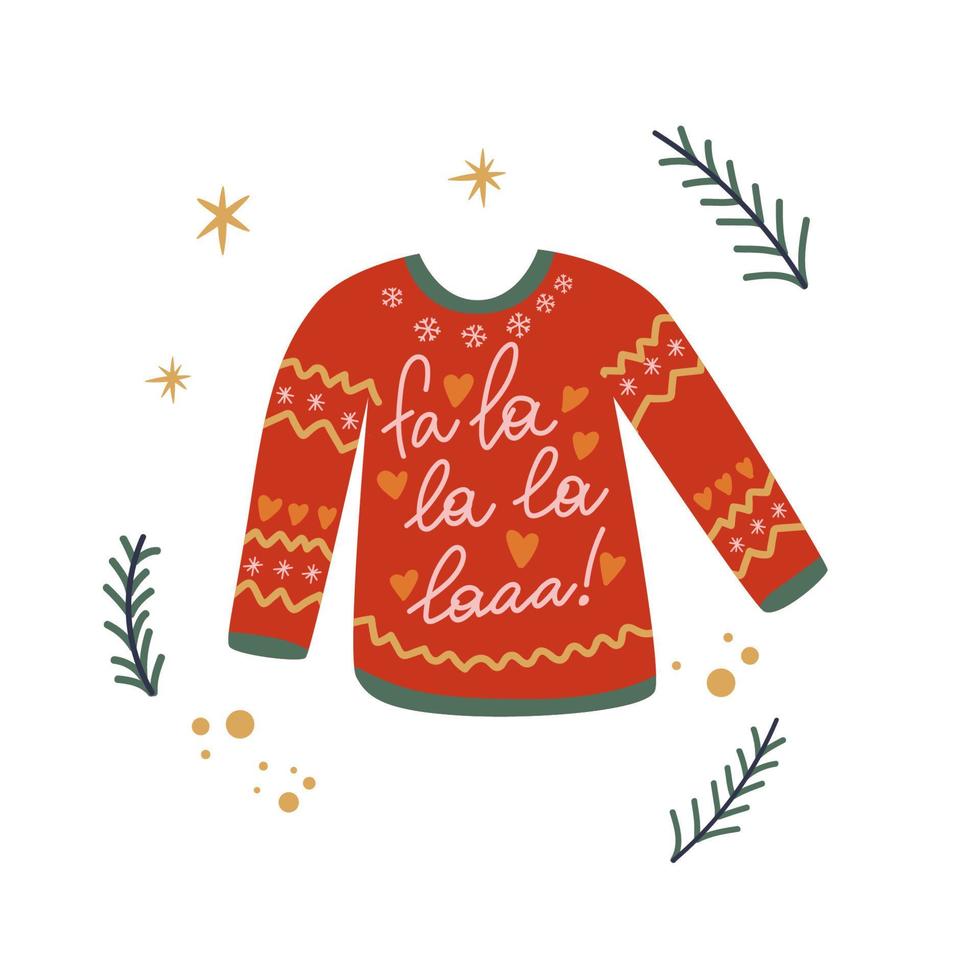 Cozy winter warm knit pullover with fa la la laaa sign. Christmas and Happy New Year illustration. vector