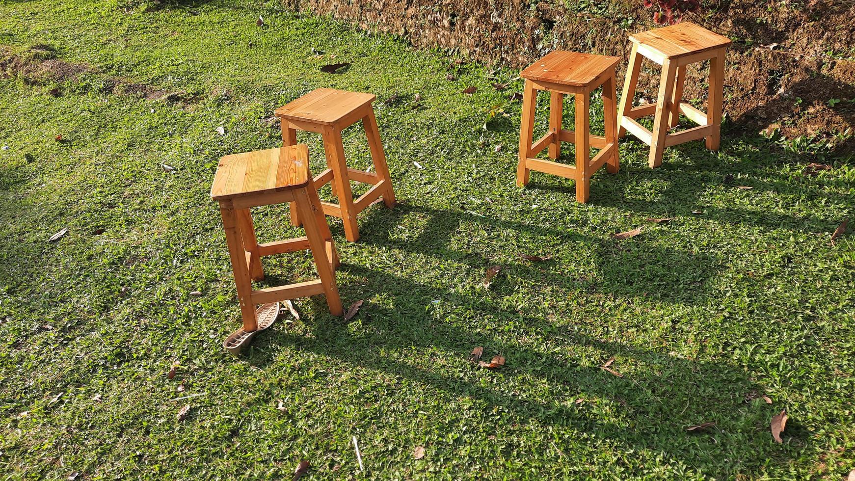 A few wooden chairs in the green garden with the evening sun shining 02 photo