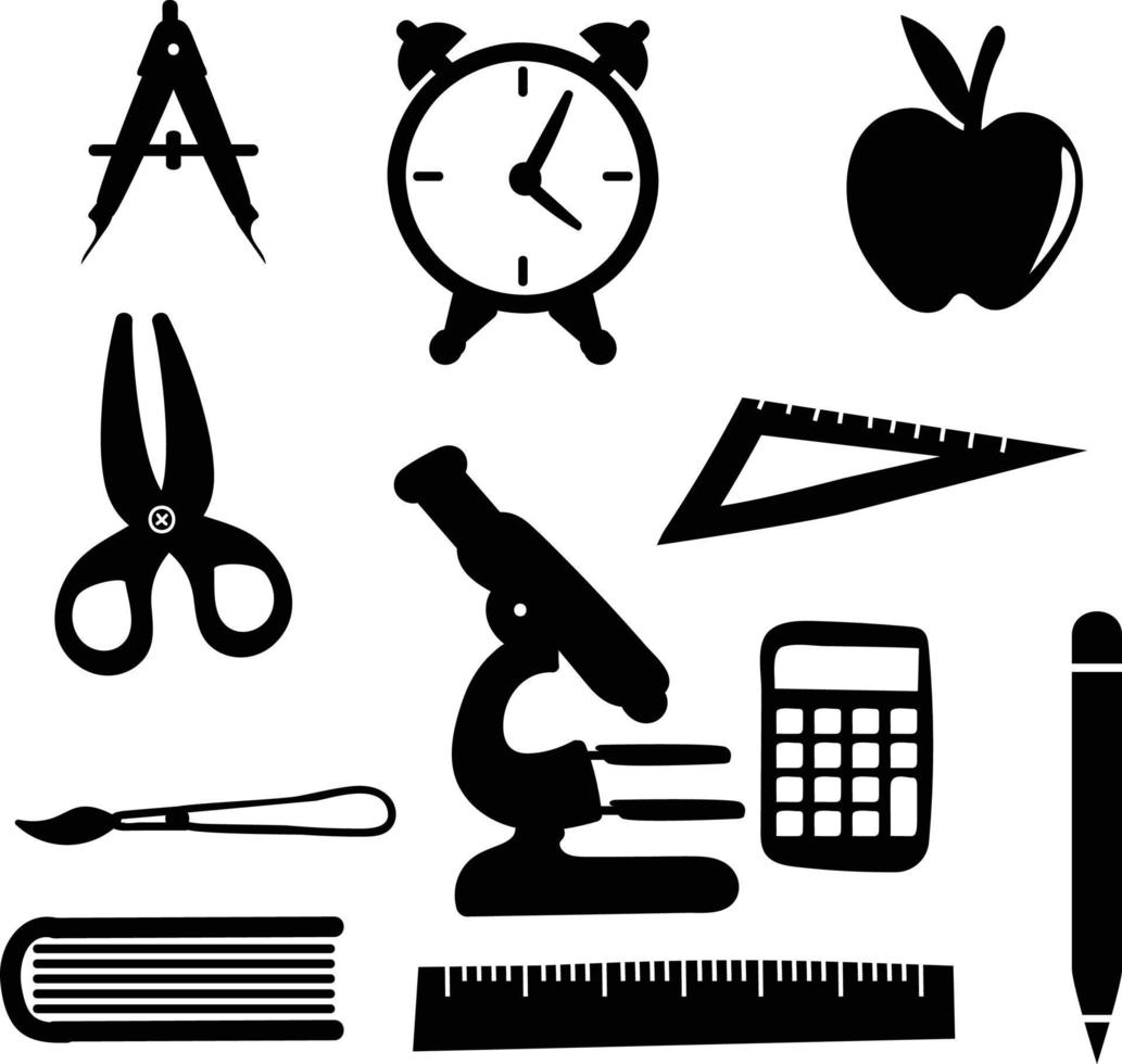 íconos dibujados a mano de brújula, despertador, manzana, calculadora, regla, lápiz, tijera, microscopio, pincel de arte, regla triangular y libro vector