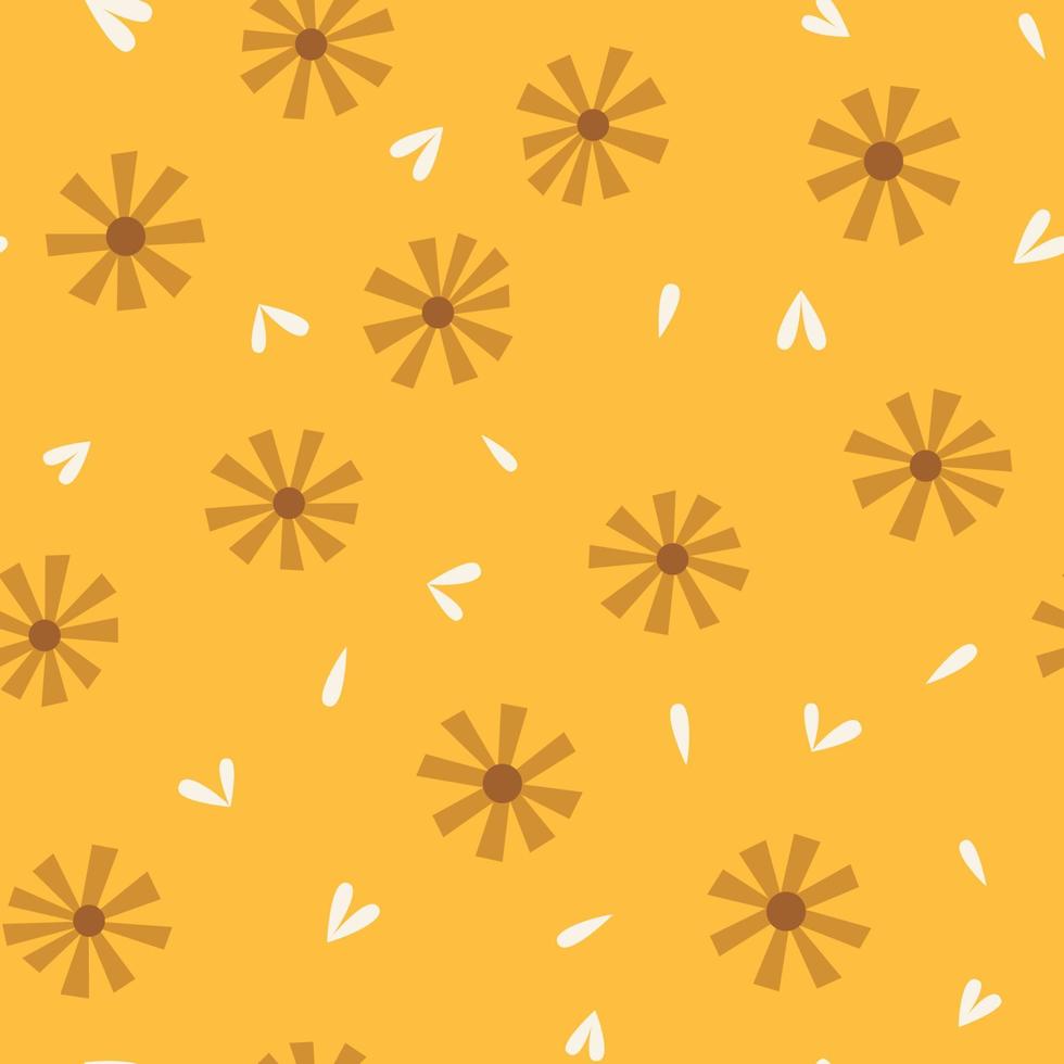 Seamless pattern with dried ditsy flowers with white leaves and little hearts on yellow background. Simple floral seamless background. Simple flower print for textile, home nursery wallpaper. vector