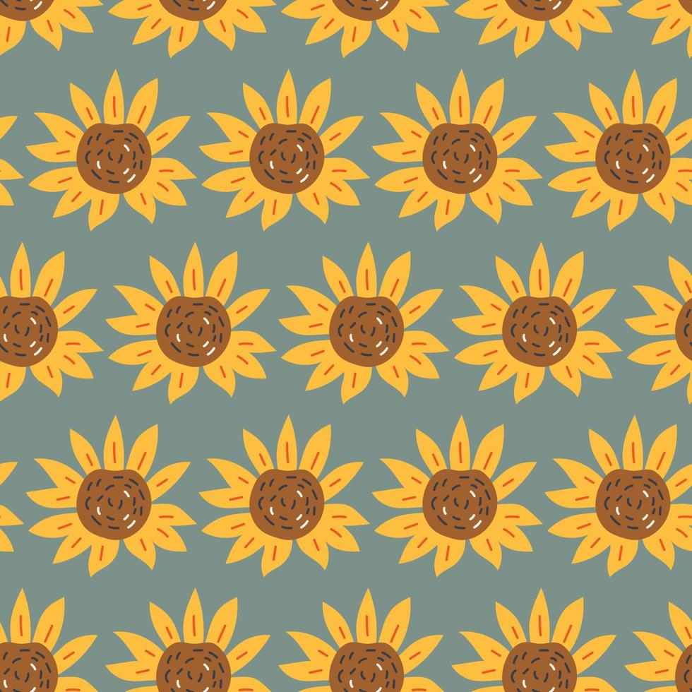 Seamless vector Sunflower Flowers Pattern on dark blue background, hand drawn backdrop. Repeatable motif for seasonal Autumn, Fall and Thanksgiving. Brick repeat simple seamless style.