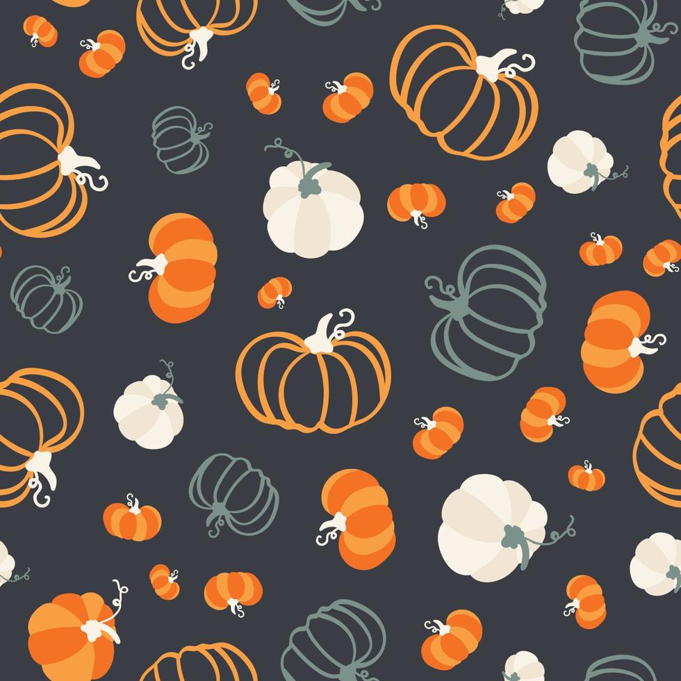 Seamless pattern of colorful hand drawn pumpkins on dark background. Cute surface design. Playful graphic flat illustration for seasonal fall, autumn and Halloween holiday vector