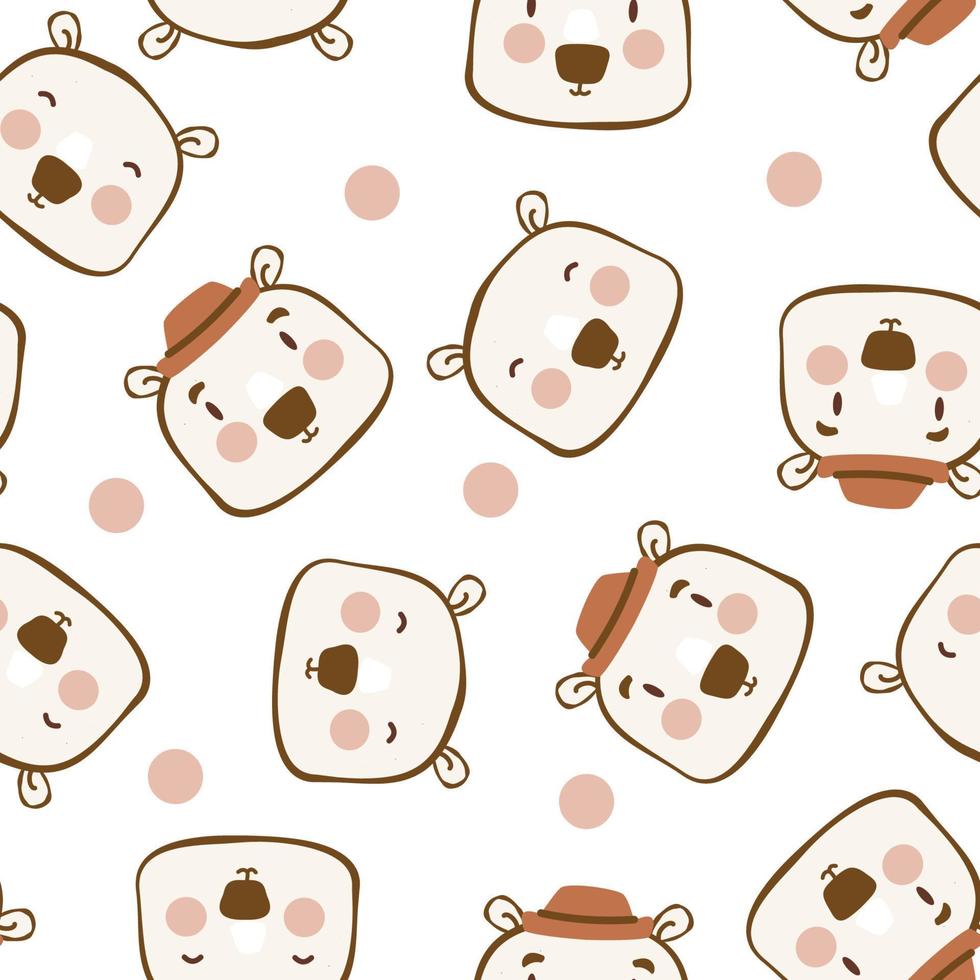 Seamless pattern with cute bears faces and hats on light white background. Simple creative childish creative flat illustration for fabric, textile, home, nursery, wallpaper. Unisex children apparel. vector