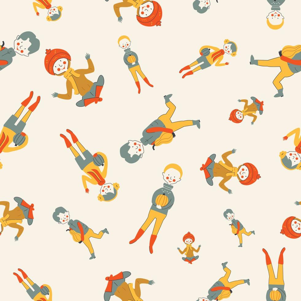 Seamless pattern with little boys picking pumpkins in the garden on cream background. Funny repeatable pattern with boys and pumpkins. Vector character illustration. Flat cartoon character style.