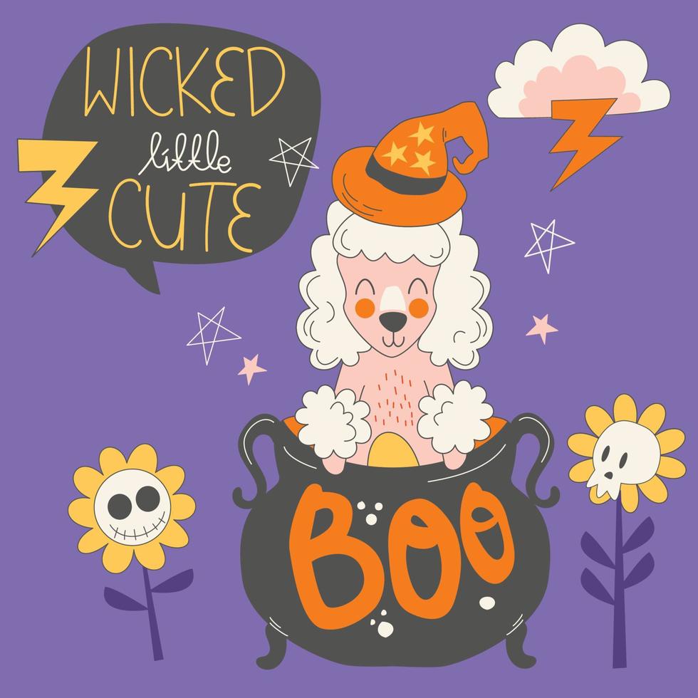 Poodle in wizard Halloween costume illustration. Cute spooky poodle dog cartoon design element. Wicked little childish fun design concept. Happy Halloween holiday card template. Perfect for kids, pets vector