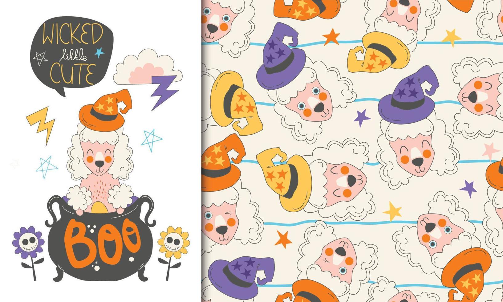 Greeting card and seamless pattern of Halloween vector cute cartoon poodle illustrations. Wicked little cute dog for Halloween celebration, October party. Perfect for children kids pet apparel.