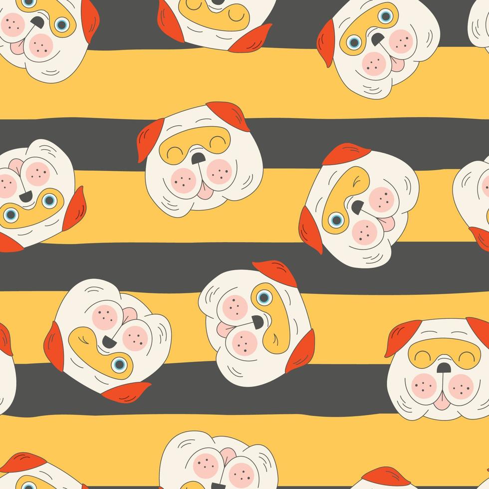 Seamless pattern of Halloween cute cartoon pug flat vector illustration. Face dogs wearing hero mask on black lines on orange background. Cute prints for children, kids, pets apparel, fabric, textile.