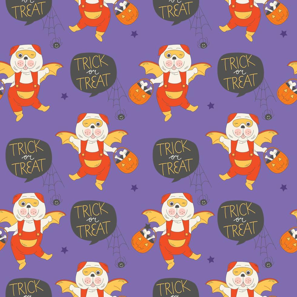 Seamless pattern of trick or treat Halloween Pug carrying pumpkin basket with bones. Purple background with black stars. Dog wearing bat costume ready for 31st October Party. Repeatable motifs vector. vector