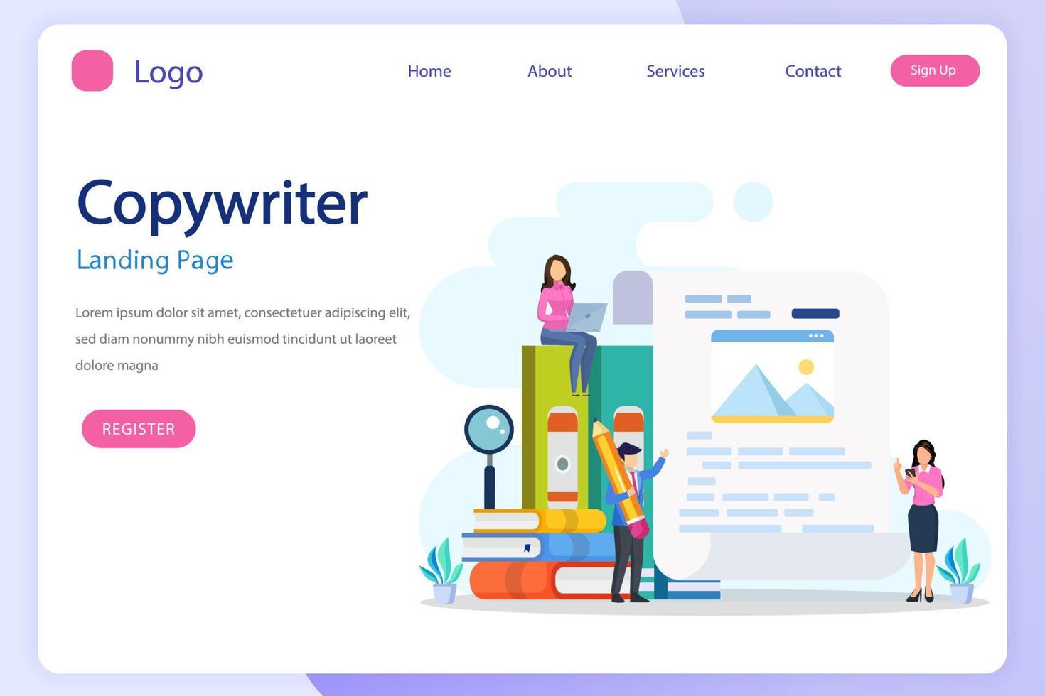 Copywriter web banner or landing page set. Idea of writing texts Flat vector